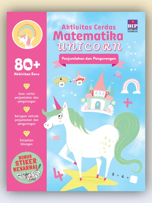 Sampul buku Aktivitas Cerdas Matematika Unicorn Penjumlahan dan Pengurangan